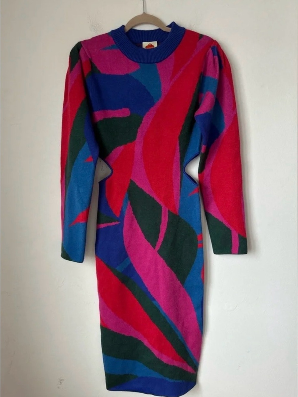 FARM Rio Long Sleeve Abstract Knit Dress - Pink, Blue & Green